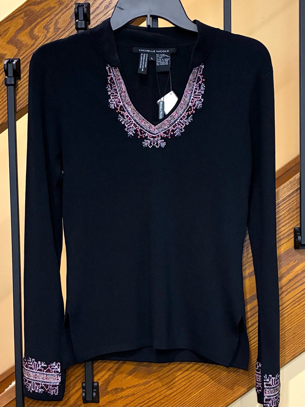 Michelle Nicole Sweater  V-Neck Long Sleeve Beaded Accents Black SZ. L  NWT